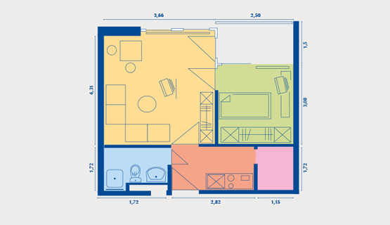 Beispielappartement Typ II | 1,5-Zimmer-Wohnung | ca. 35 m2