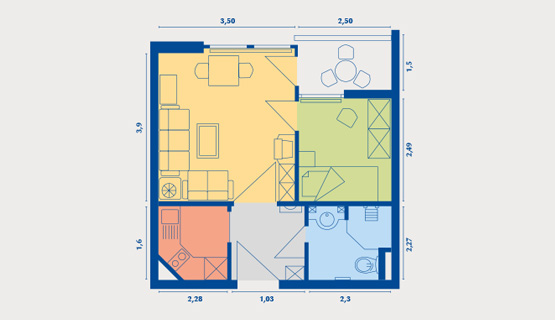 Beispielappartement Typ IV | 1,5-Zimmer-Wohnung | ca. 35 m2