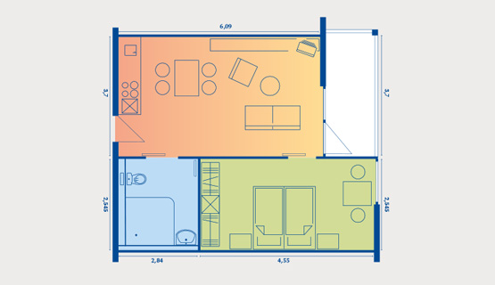 Beispielappartement Typ V | 2-Zimmer-Wohnung (saniert) | ca. 42 m2