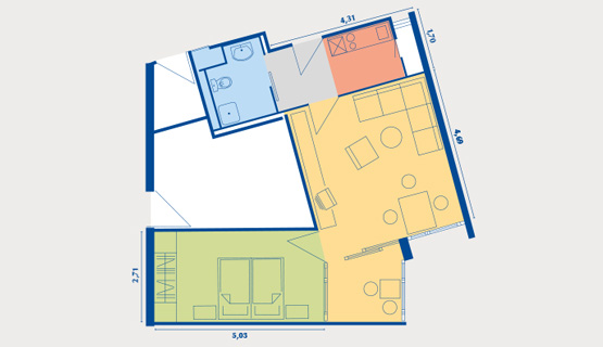 Beispielappartement Typ III | 2-Zimmer-Wohnung | ca. 51,14 m2