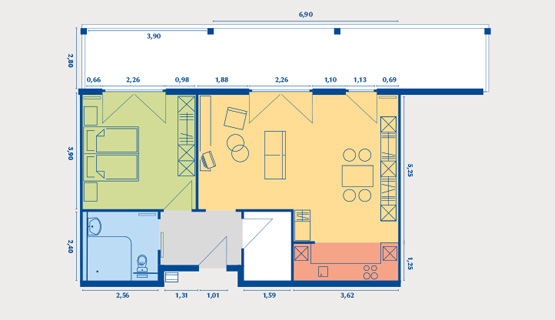 Beispielappartement Typ VI | 2-Zimmer-Wohnung | ca. 63,92 m2, zzgl. Loggia 16,88 m2