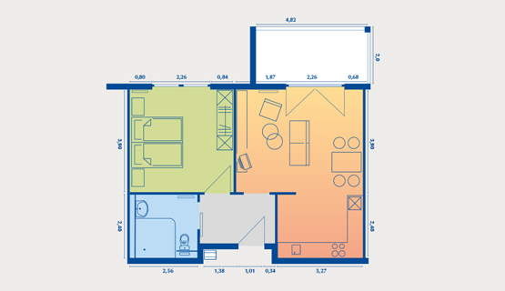 Beispielappartement Typ VII | 2-Zimmer-Wohnung | ca. 51,47 m2, zzgl. Terrasse 8,23 m2